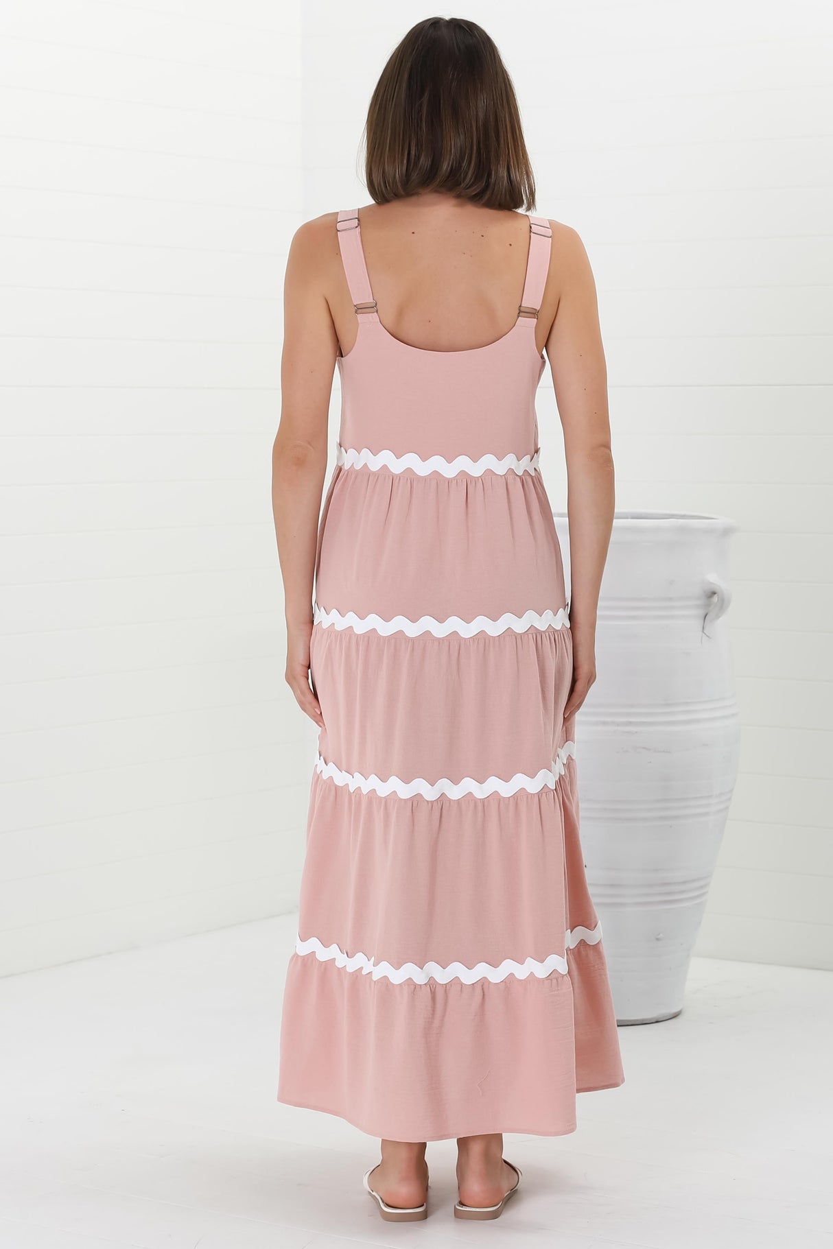 Fabie Midi Dress - Thick Strap Rick Rack Splicing Cotton Sun Dress in Blush