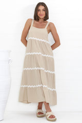 Fabie Midi Dress - Thick Strap Rick Rack Splicing Cotton Sun Dress in Sand