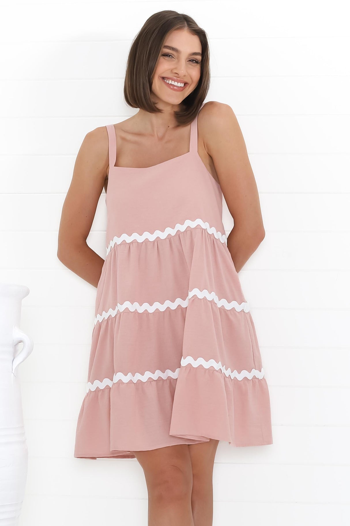 Fabie Mini Dress - Thick Strap Rick Rack Splicing Cotton Sun Dress in Blush