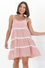 Fabie Mini Dress - Thick Strap Rick Rack Splicing Cotton Sun Dress in Blush