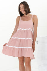 Fabie Mini Dress - Thick Strap Rick Rack Splicing Cotton Sun Dress in Blush