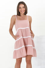 Fabie Mini Dress - Thick Strap Rick Rack Splicing Cotton Sun Dress in Blush