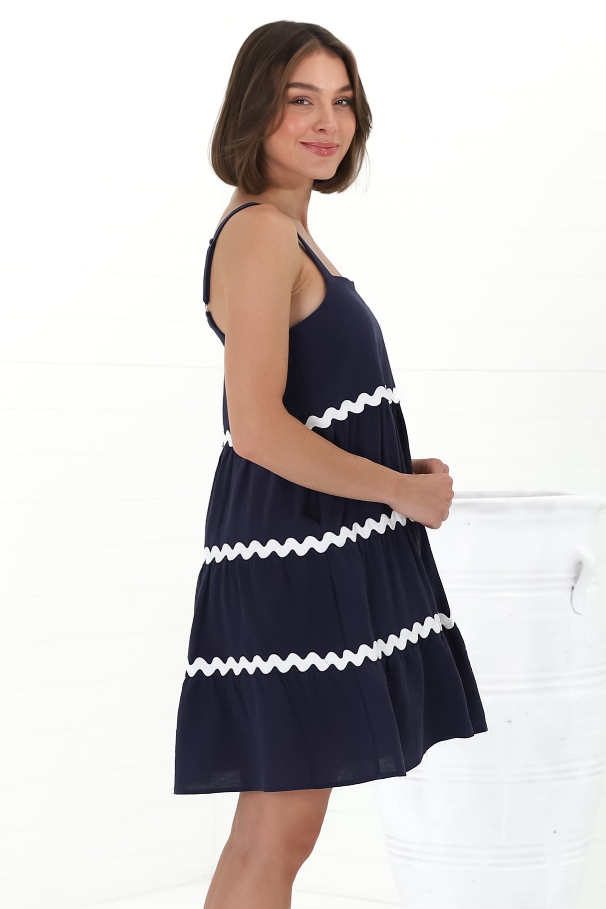 Fabie Mini Dress - Thick Strap Rick Rack Splicing Cotton Sun Dress in Navy