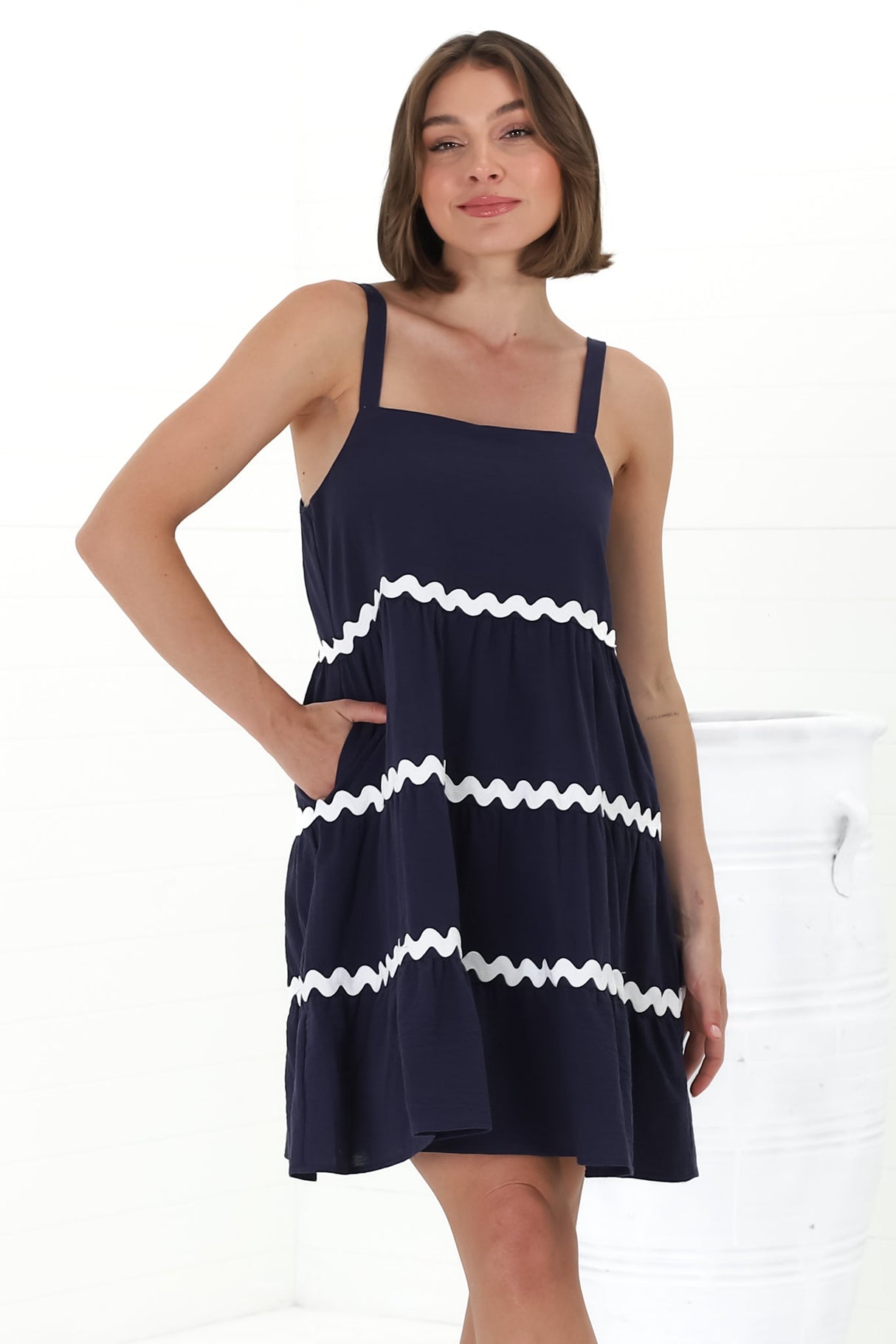 Fabie Mini Dress - Thick Strap Rick Rack Splicing Cotton Sun Dress in Navy