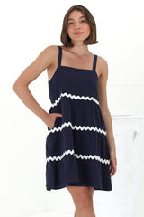 Fabie Mini Dress - Thick Strap Rick Rack Splicing Cotton Sun Dress in Navy