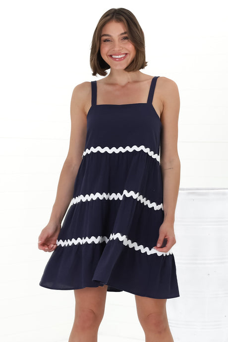 Fabie Mini Dress - Thick Strap Rick Rack Splicing Cotton Sun Dress in Navy