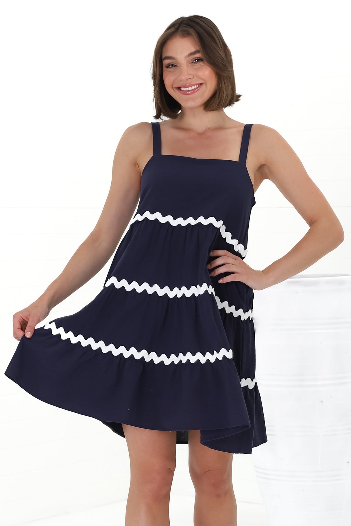 Fabie Mini Dress - Thick Strap Rick Rack Splicing Cotton Sun Dress in Navy