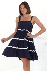 Fabie Mini Dress - Thick Strap Rick Rack Splicing Cotton Sun Dress in Navy