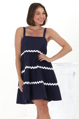 Fabie Mini Dress - Thick Strap Rick Rack Splicing Cotton Sun Dress in Navy