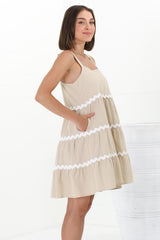 Fabie Mini Dress - Thick Strap Rick Rack Splicing Cotton Sun Dress in Sand