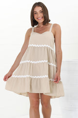 Fabie Mini Dress - Thick Strap Rick Rack Splicing Cotton Sun Dress in Sand