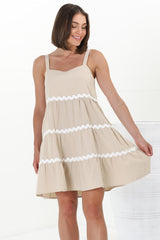 Fabie Mini Dress - Thick Strap Rick Rack Splicing Cotton Sun Dress in Sand