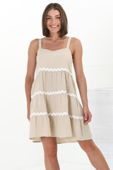 Fabie Mini Dress - Thick Strap Rick Rack Splicing Cotton Sun Dress in Sand