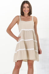 Fabie Mini Dress - Thick Strap Rick Rack Splicing Cotton Sun Dress in Sand