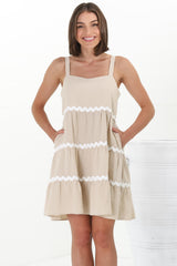 Fabie Mini Dress - Thick Strap Rick Rack Splicing Cotton Sun Dress in Sand