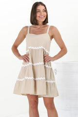 Fabie Mini Dress - Thick Strap Rick Rack Splicing Cotton Sun Dress in Sand