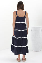 Fabie Midi Dress - Thick Strap Rick Rack Splicing Cotton Sun Dress in Navy