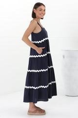 Fabie Midi Dress - Thick Strap Rick Rack Splicing Cotton Sun Dress in Navy