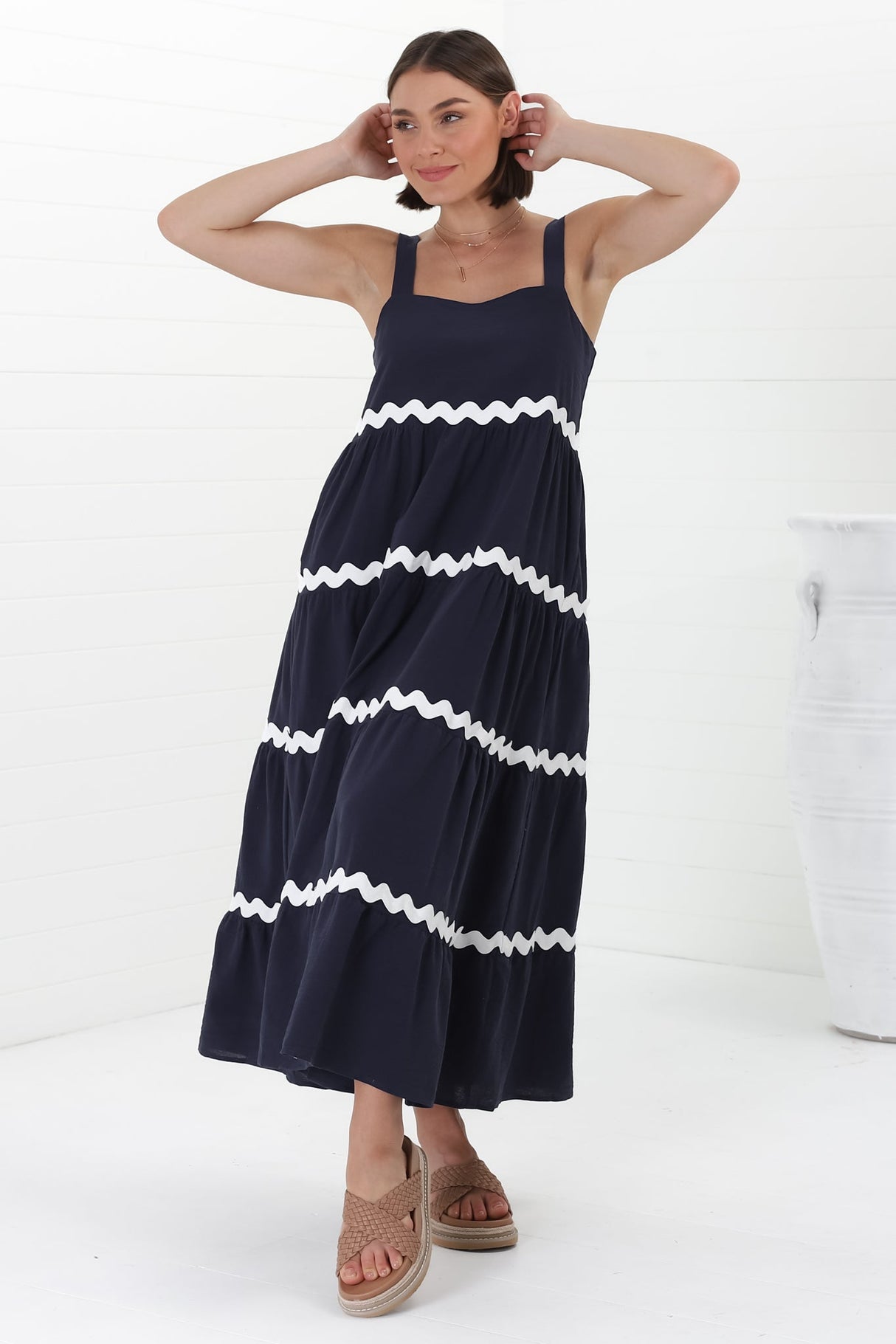 Fabie Midi Dress - Thick Strap Rick Rack Splicing Cotton Sun Dress in Navy