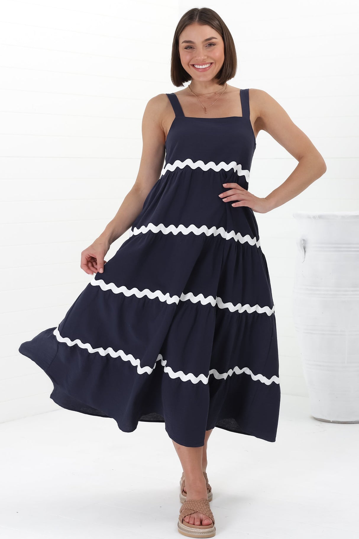 Fabie Midi Dress - Thick Strap Rick Rack Splicing Cotton Sun Dress in Navy