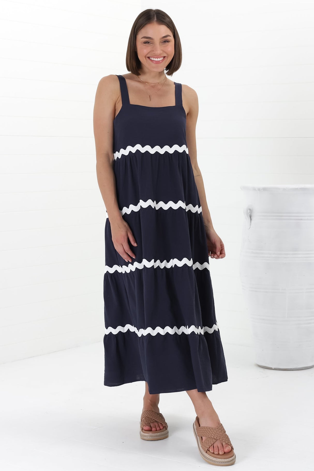 Fabie Midi Dress - Thick Strap Rick Rack Splicing Cotton Sun Dress in Navy