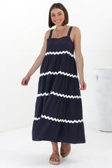 Fabie Midi Dress - Thick Strap Rick Rack Splicing Cotton Sun Dress in Navy