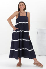 Fabie Midi Dress - Thick Strap Rick Rack Splicing Cotton Sun Dress in Navy