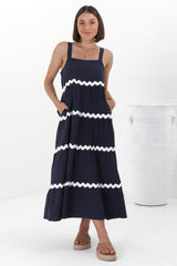 Fabie Midi Dress - Thick Strap Rick Rack Splicing Cotton Sun Dress in Navy