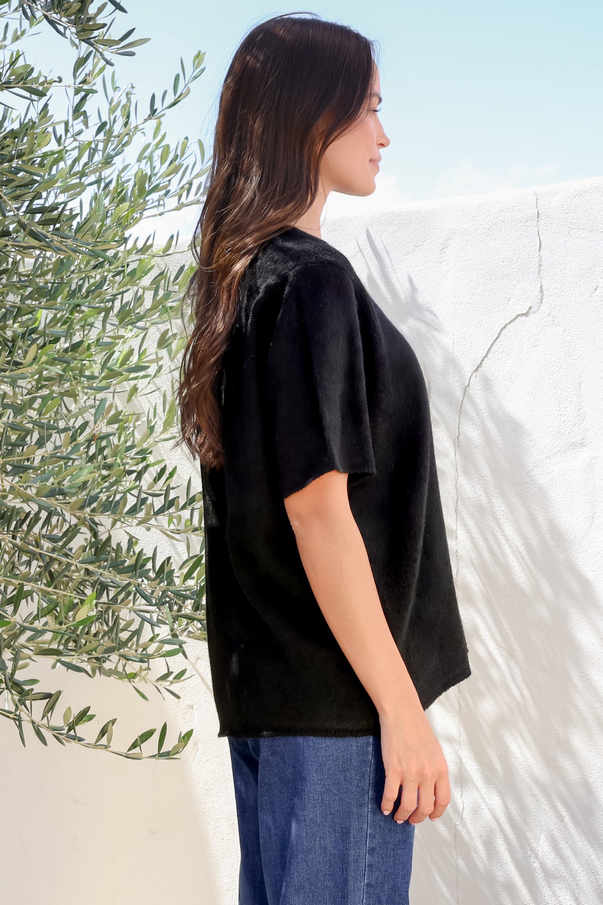 Fable Knit Top - Crew Neck Relaxed Super Soft Knit Tee in Black