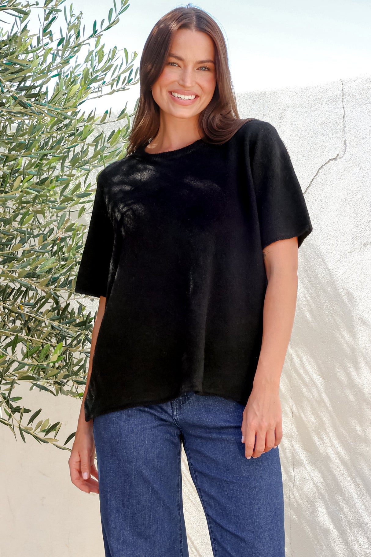 Fable Knit Top - Crew Neck Relaxed Super Soft Knit Tee in Black