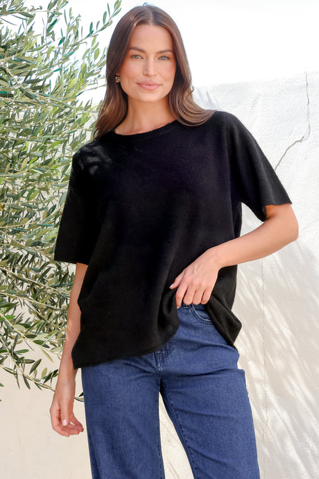 Fable Knit Top - Crew Neck Relaxed Super Soft Knit Tee in Black