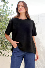 Fable Knit Top - Crew Neck Relaxed Super Soft Knit Tee in Black