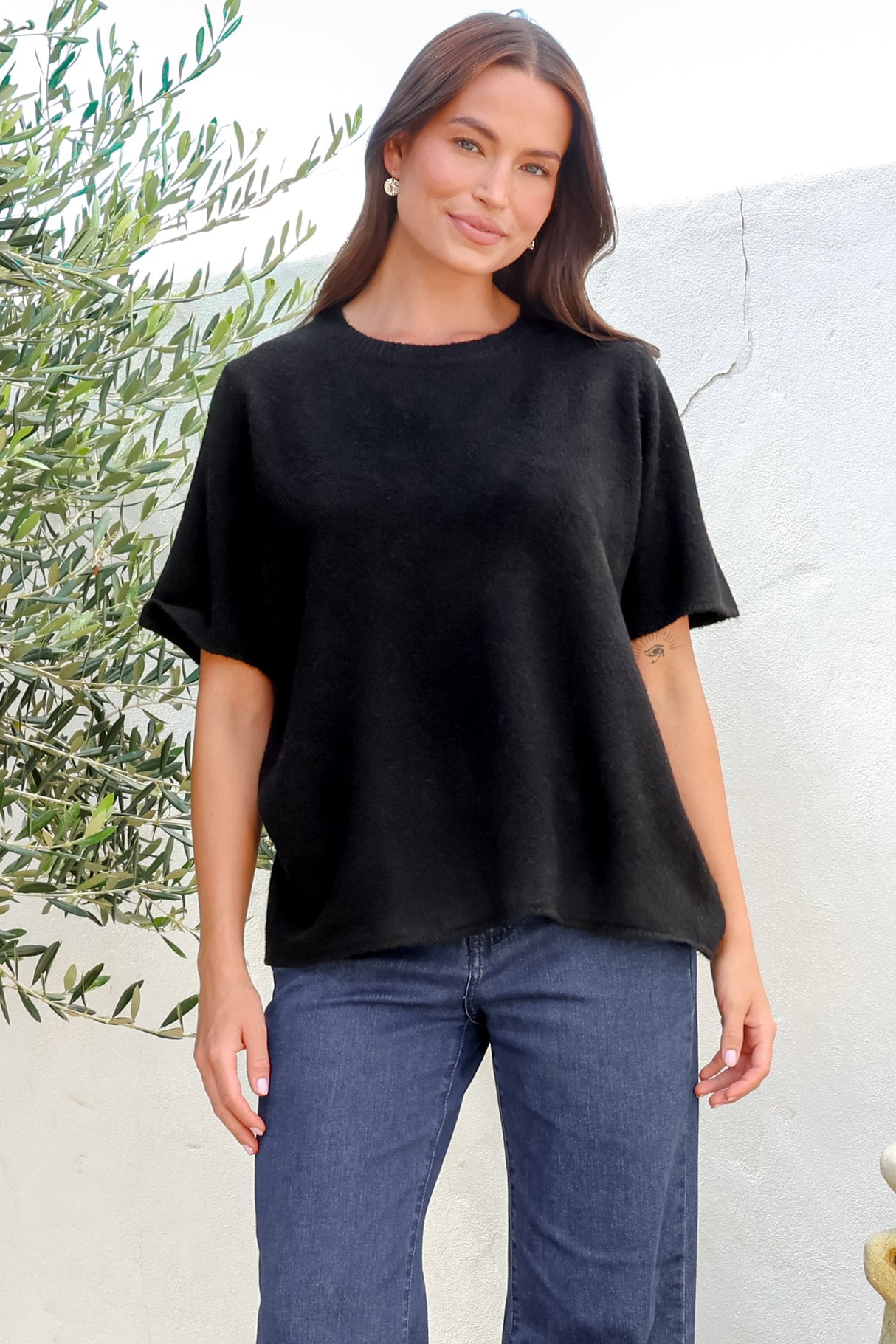 Fable Knit Top - Crew Neck Relaxed Super Soft Knit Tee in Black