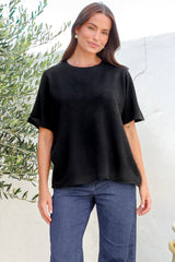 Fable Knit Top - Crew Neck Relaxed Super Soft Knit Tee in Black