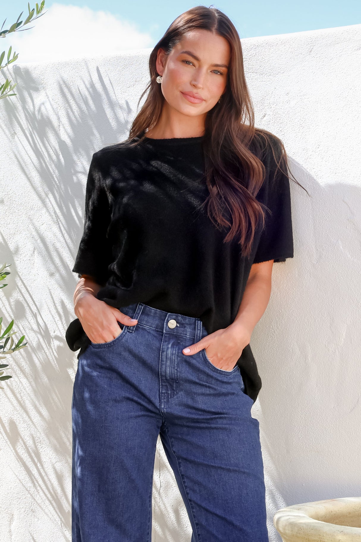 Fable Knit Top - Crew Neck Relaxed Super Soft Knit Tee in Black
