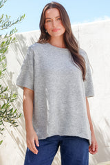 Fable Knit Top - Crew Neck Relaxed Super Soft Knit Tee in Grey Marle