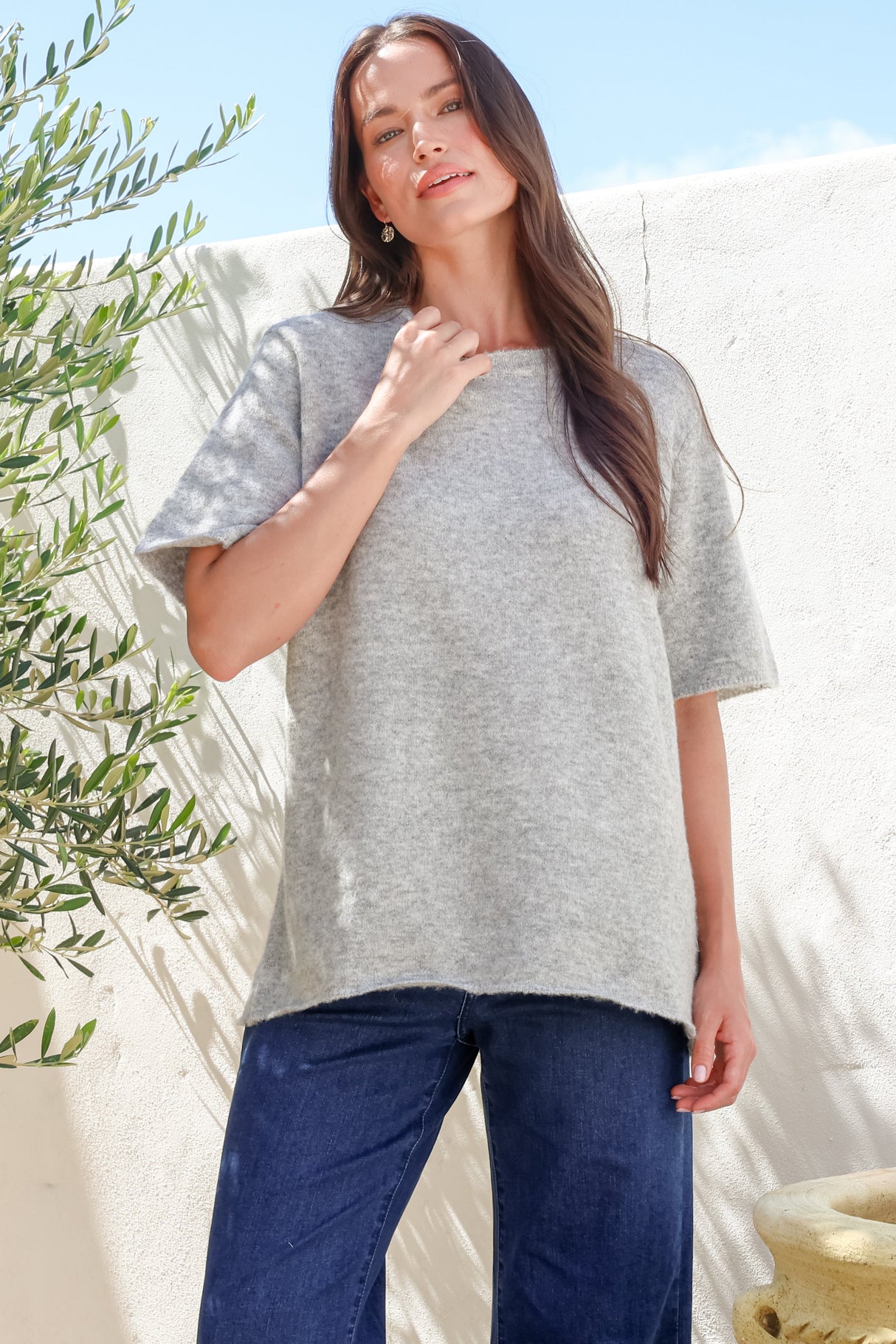 Fable Knit Top - Crew Neck Relaxed Super Soft Knit Tee in Grey Marle
