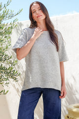 Fable Knit Top - Crew Neck Relaxed Super Soft Knit Tee in Grey Marle
