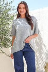Fable Knit Top - Crew Neck Relaxed Super Soft Knit Tee in Grey Marle