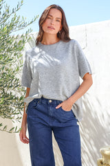 Fable Knit Top - Crew Neck Relaxed Super Soft Knit Tee in Grey Marle