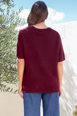 Fable Knit Top - Crew Neck Relaxed Super Soft Knit Tee in Wine