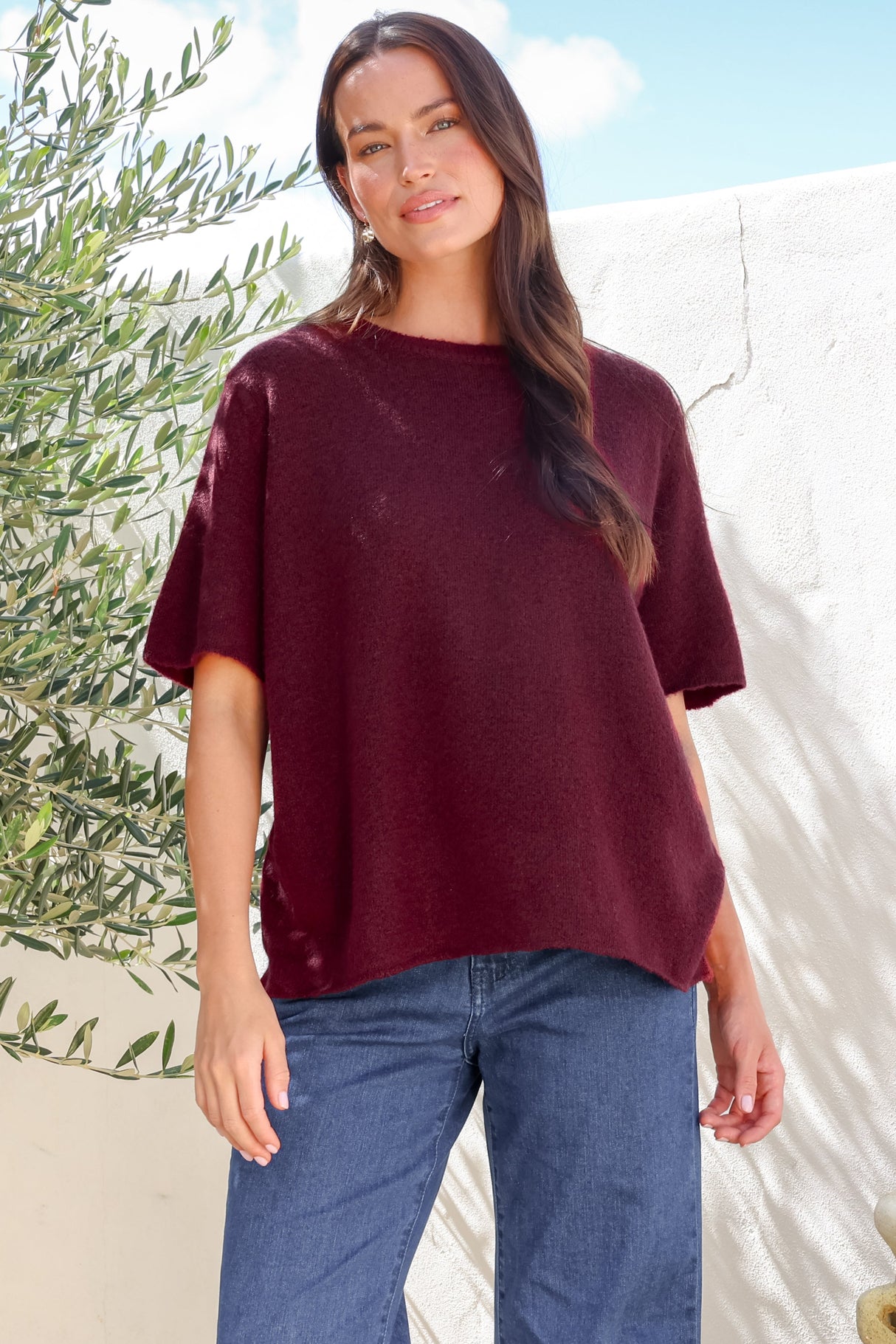 Fable Knit Top - Crew Neck Relaxed Super Soft Knit Tee in Wine