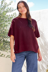 Fable Knit Top - Crew Neck Relaxed Super Soft Knit Tee in Wine