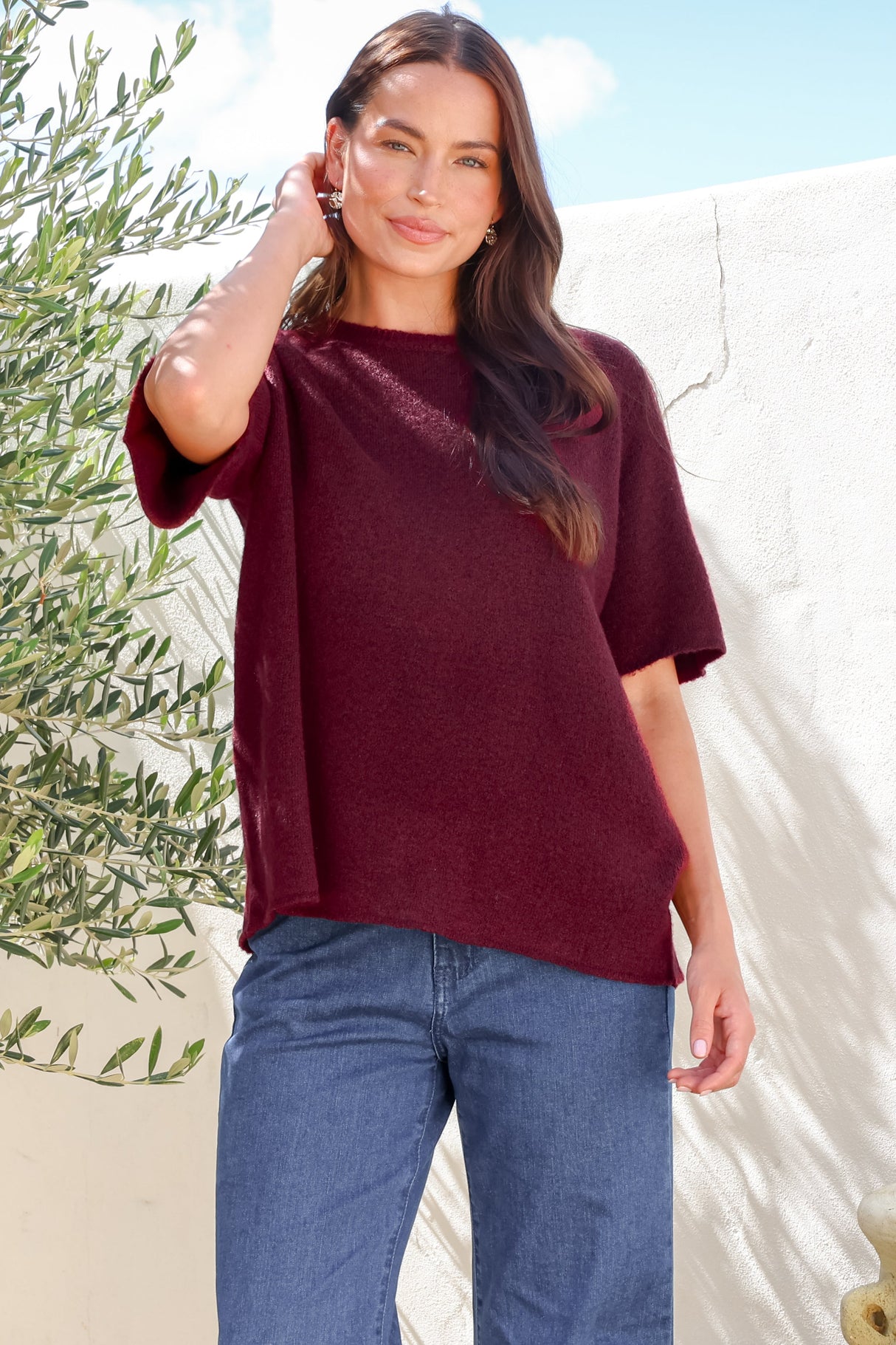Fable Knit Top - Crew Neck Relaxed Super Soft Knit Tee in Wine