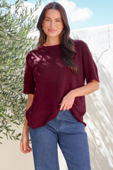 Fable Knit Top - Crew Neck Relaxed Super Soft Knit Tee in Wine