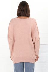 Faelan Jumper - Ribbed Trim Crew Neck Jumper in Pink