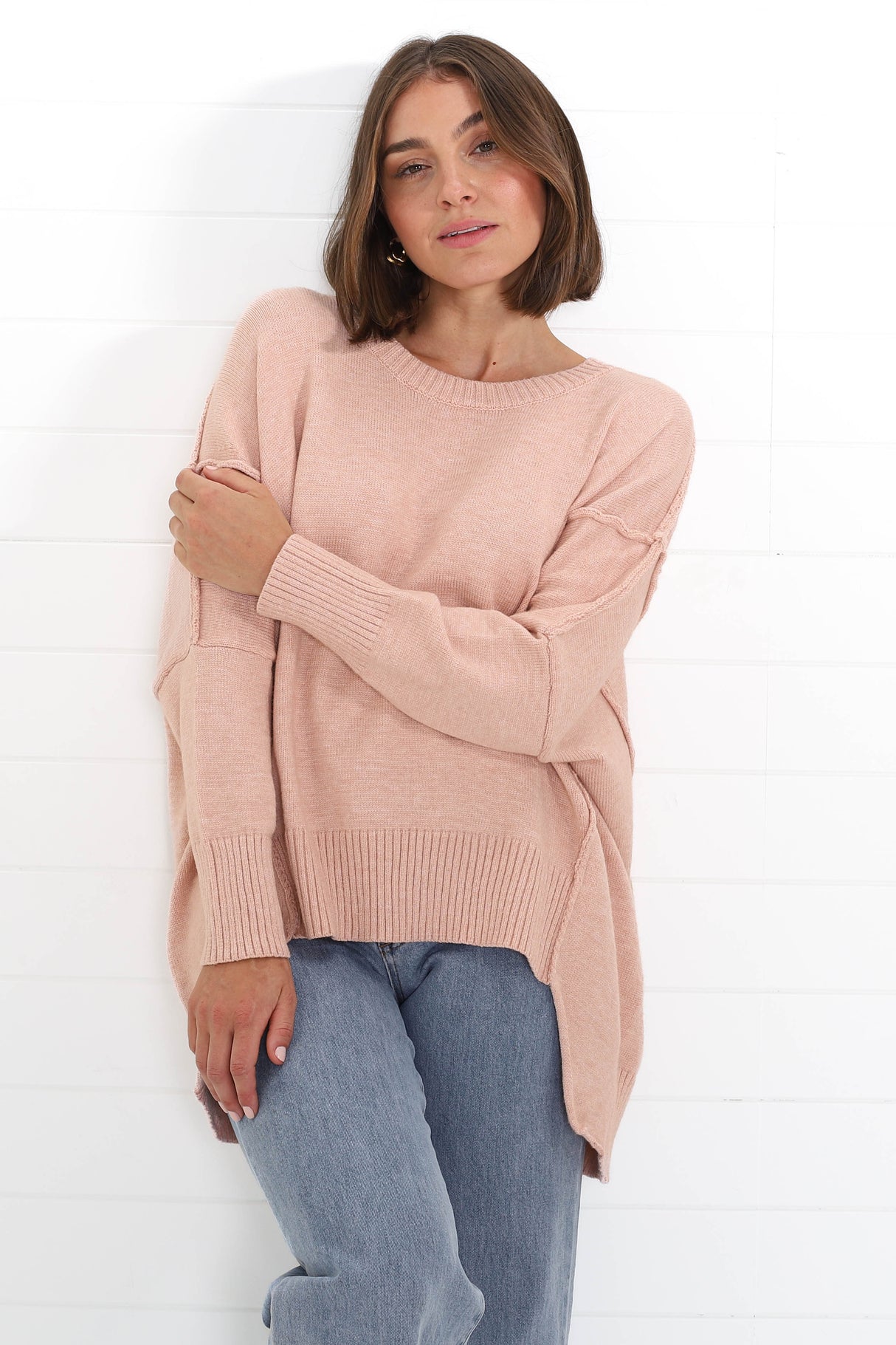 Faelan Jumper - Ribbed Trim Crew Neck Jumper in Pink