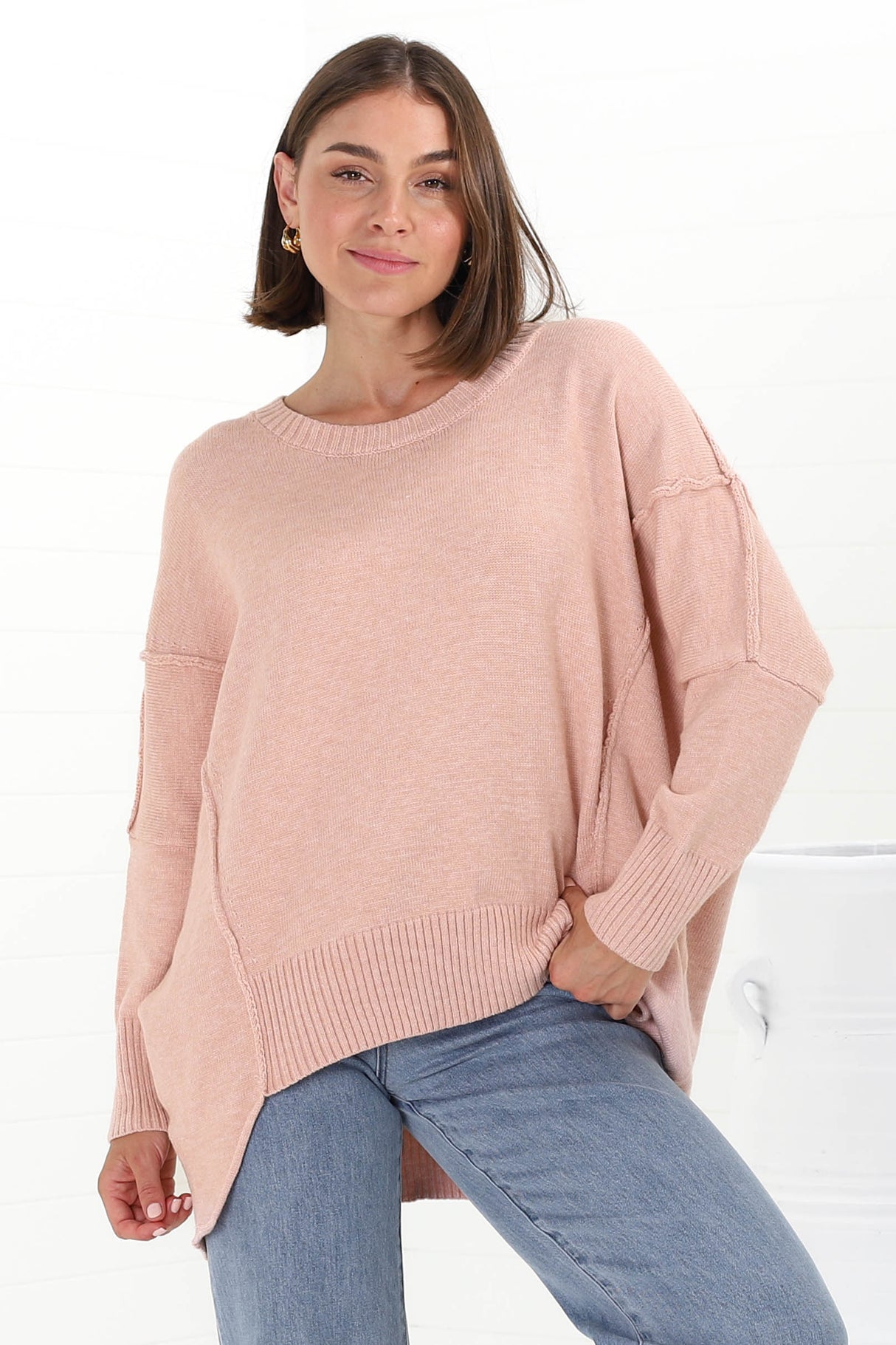 Faelan Jumper - Ribbed Trim Crew Neck Jumper in Pink