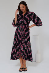 Faith Midi Dress - Collared Shirt Dress with Matching Belt in Love Story Print