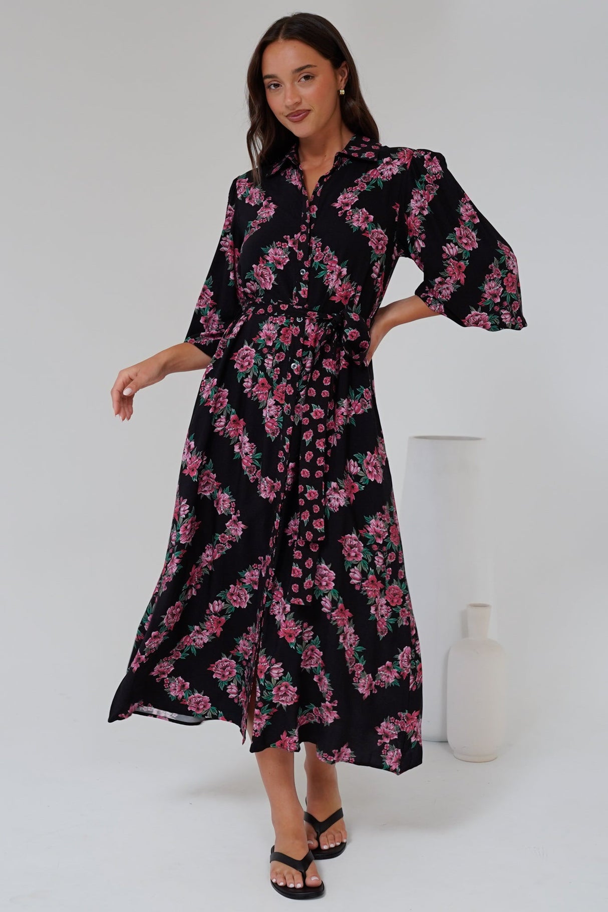 Faith Midi Dress - Collared Shirt Dress with Matching Belt in Love Story Print